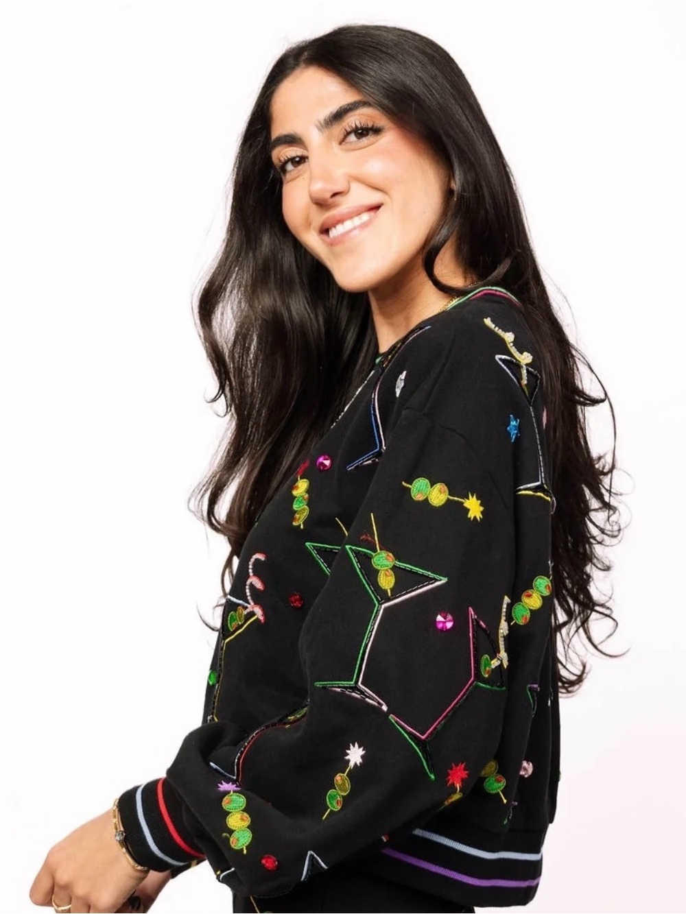 Queen of Sparkles Black Multi Rainbow Trim Martini Sweatshirt. Size S